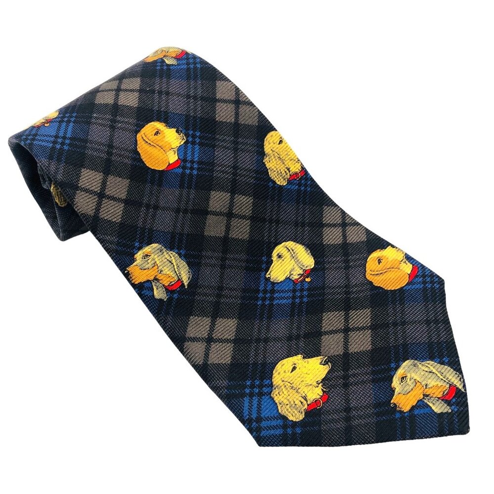 Robert Talbott Vtg Plaid Silk Tie Hound Dogs Beagle Coonhound Foxhound Hand Sewn